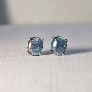 VTG Large-ish Natural Australian Blue Ridge Opal 925 Silver Stud Earrings